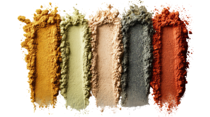 Five vertical swathes of colorful powder pigments