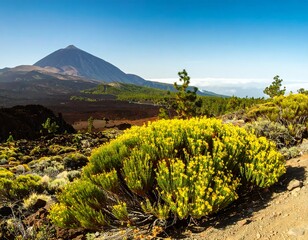 Volcanic landscape with vibrant yellow wildflowers