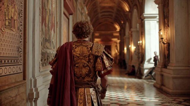 roman emperor walking through grand palace corridor wearing golden armor and red cape symbol of ancient empire leadership and authority