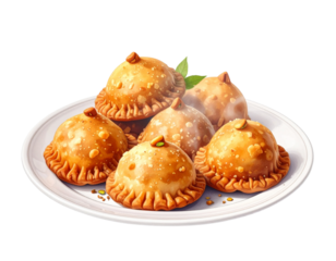 Delicious gujiya indian sweets resting on white plate with transparent background