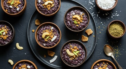 Overhead view of black rice pudding bowls with cashew and coconut on a dark tray background