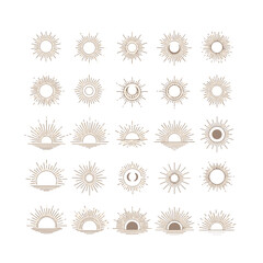 Boho sunburst icons with radiant rays. Minimalist sunrise and sunset line art, mystical solar symbols, and retro-inspired tattoo designs.