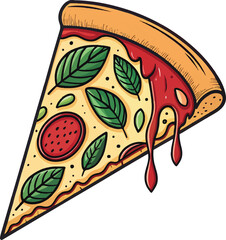 Cheesy Pizza Slice with Toppings – Dripping Pepperoni and Basil Vector Illustration