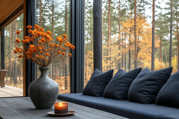 Cozy Cabin Interior with Autumn Forest View and Modern Sofa 