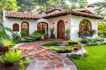 Charming Spanish Style Home with Lush Garden Pathway