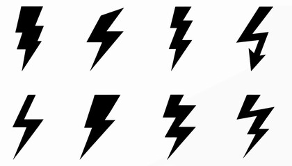 Eight black lightning bolt icons in various shapes and orientations against a white background.