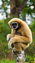 Fototapeta premium A beige monkey sits on a tree trunk