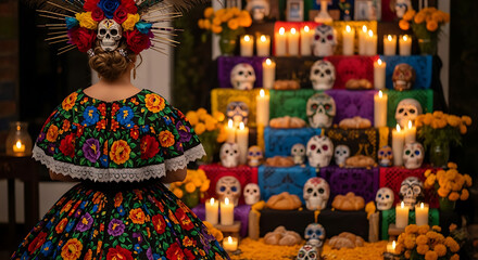 Back view of woman in Catrina-style dress with floral patterns, standing near sugar skull altar, candles lit