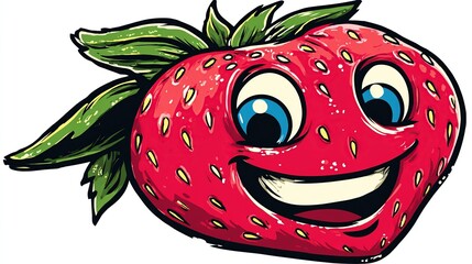 Obraz premium Smiling, anthropomorphic cartoon strawberry with green leaves, blue eyes, and a big, toothy grin