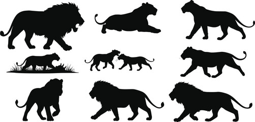 Big cat silhouettes, wild animal poses, jungle predator shapes, feline movement, panther outline, leopard stance, safari wildlife, black silhouettes