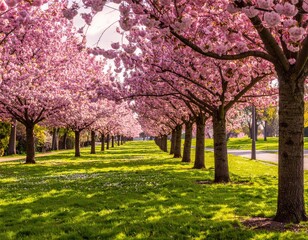 Beautiful Cherry Blossom Avenue in a Sunny Spring Park.