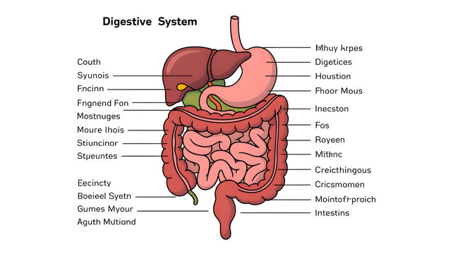Human Digestive System Anatomy Illustration with Labeled Organs from Mouth to Intestines Isolated on White Background