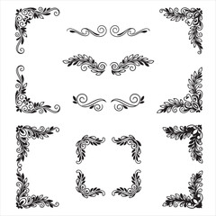 Calligraphic frames. Vintage swirl corner borders with floral curls, elegant hand-drawn ornaments for wedding invitations, labels, cards, and decorative layouts. Outline flourish vector set.