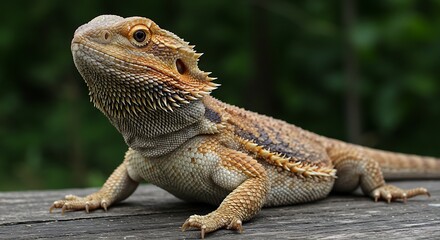 Obraz premium Bearded dragon lizard perched on wooden surface with detailed scales