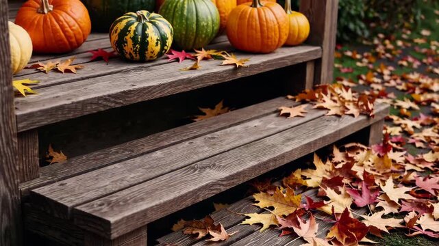 Vibrant autumn leaves and pumpkins on rustic wooden steps