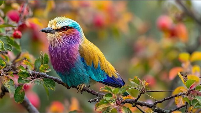 A vibrant bird with colorful plumage perches on a branch amid autumnal foliage