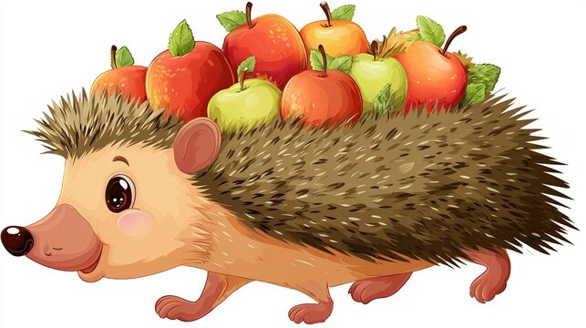 A cartoon hedgehog carrying a large pile of apples