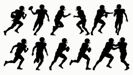 Silhouettes of rugby players' body movements, a collection of vector illustrations
