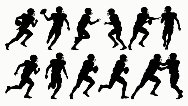 Silhouettes of rugby players' body movements, a collection of vector illustrations