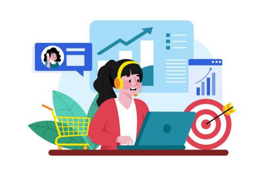 Smiling Call Center Woman in Red Jacket with Headset on Transparent Backdrop, Working on Laptop with Statistics and Shopping Cart in Business Illustration