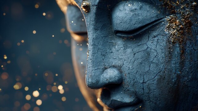 close-up side profil of a serene buddha stone sculpture - Powered by Adobe