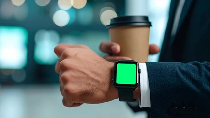 Businessman in a Suit Checking Time on a Smartwatch with Green Screen. - Powered by Adobe