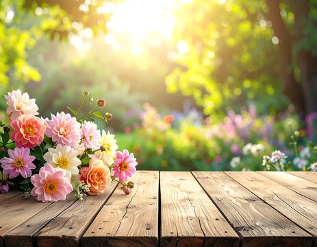 A bouquet of colorful flowers on a rustic wooden table, bathed in sunlight, in a garden setting
