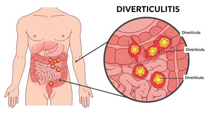 Diverticulitis medical illustration showing inflammation of the colon and diverticula illustration