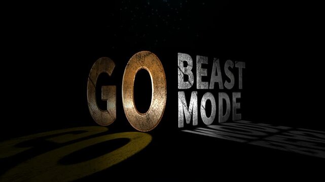 Go beast mode text animation with golden and silver effect on black background. Gym motivational quote