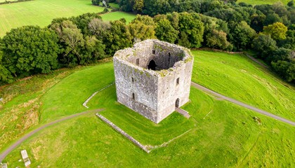 Aerial view of a ruined square tower