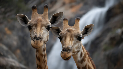 Fototapeta premium A couple of giraffes looking at the camera with a waterfall in the background (1)