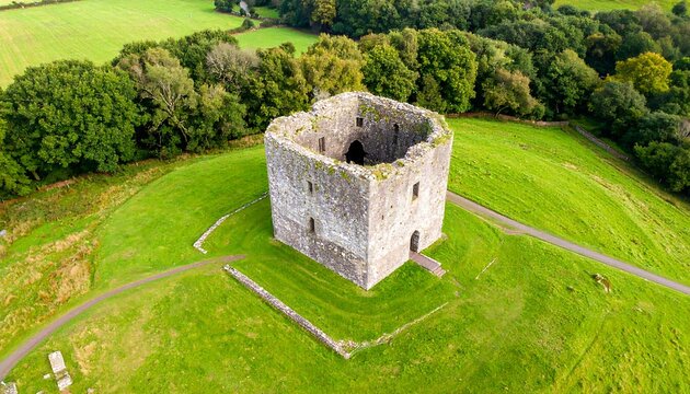 Aerial view of a ruined square tower