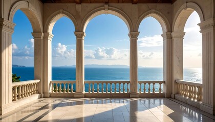 Sunlit stone balcony overlooks a calm ocean through arched openings