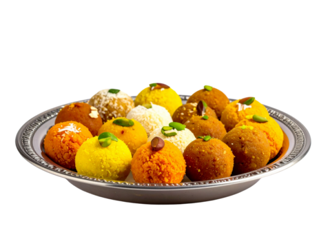 Assortment of colorful indian sweets on a silver tray isolated on transparent background, perfect for festive occasions and celebrations - Powered by Adobe