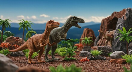 鮮やかな光が差し込む太古のジオラマで二匹の肉食恐竜が岩や植物の間を力強く探索する. AI Generated