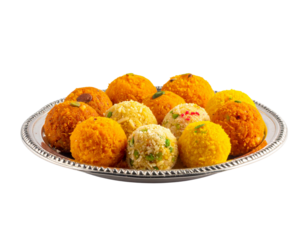 Delicious Indian Motichoor Laddu on a White Plate, a Sweet Treat for Festive Celebrations and Cultural Events