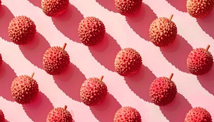 Lychees arranged in a symmetrical pattern on a pink background