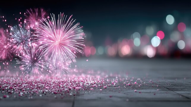 Pink Fireworks Bursting in Night Sky Over Concrete Surface with Bokeh Lights in Background Creating Festive Atmosphere