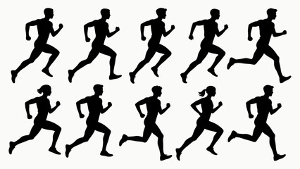 Silhouettes of running athletes' body movements, a collection of vector illustrations