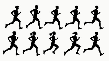 Silhouettes of running athletes' body movements, a collection of vector illustrations