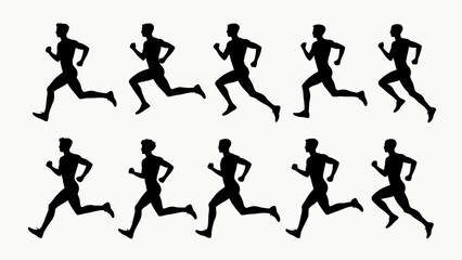 Silhouettes of running athletes' body movements, a collection of vector illustrations