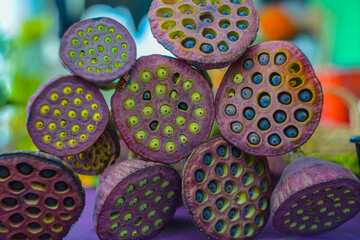 Bright autumn photos of ripe lotus seeds pod. Beautiful Floral Background. High quality photo