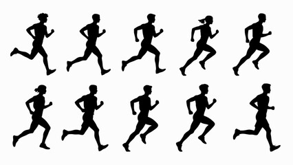 Silhouettes of running athletes' body movements, a collection of vector illustrations