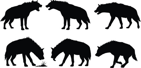Wolf silhouettes, wild animal, forest predator, sniffing pose, growling stance, walking wolf, nature behavior, black shapes, wildlife study, canine motion