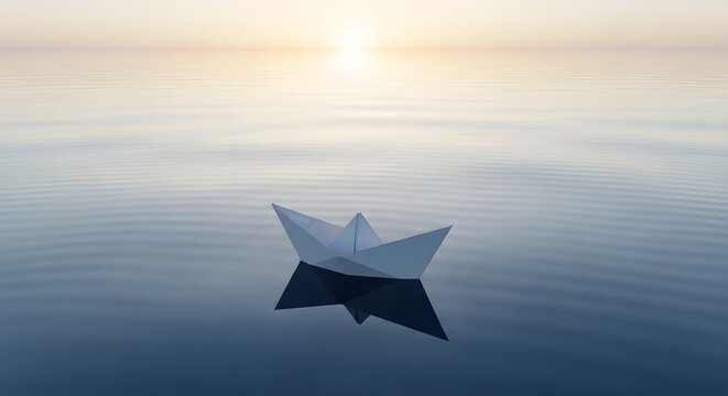 A serene paper boat floats on calm, rippling water under a soft, golden sunrise, evoking a sense of peace and adventure