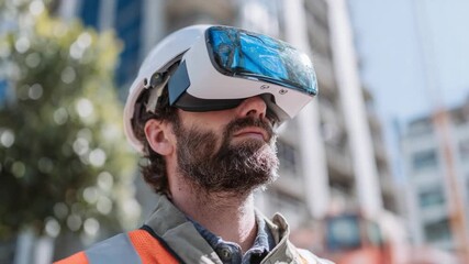 Man Wearing Virtual Reality Headset in Construction: A construction worker wearing a virtual reality headset, exploring a digital environment amidst a building site, showcasing technology's influence. - Powered by Adobe