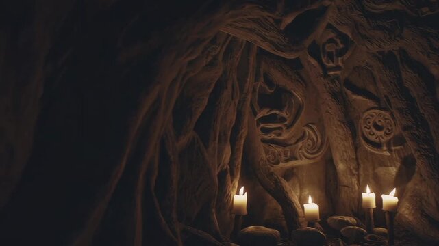 Mysterious candlelit cavern revealing ancient stone carvings and shadows