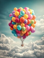 Fototapeta premium Bright colorful helium balloon cluster floating in sky du daytime with clouds and gentle light for celebration and festive decoration