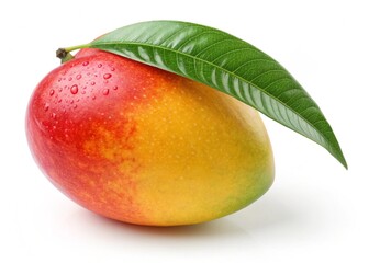 Fresh ripe mango with water droplets and a green leaf on a white background
