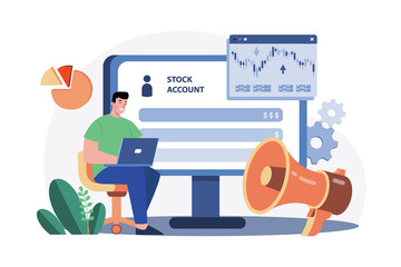 Stock Market Analyst Working with Laptop on Transparent Background Surrounded by Charts and Megaphone for Financial Analysis